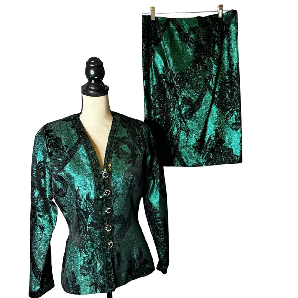 Vintage Emerald Green Brocade Skirt Suit Sequin Detail Elegant Party Set